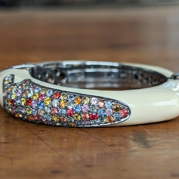 Rina Limor Off White Enamel Bracelet 925 Sterling Silver Clamper Bangle Signed - Picture 5 of 8